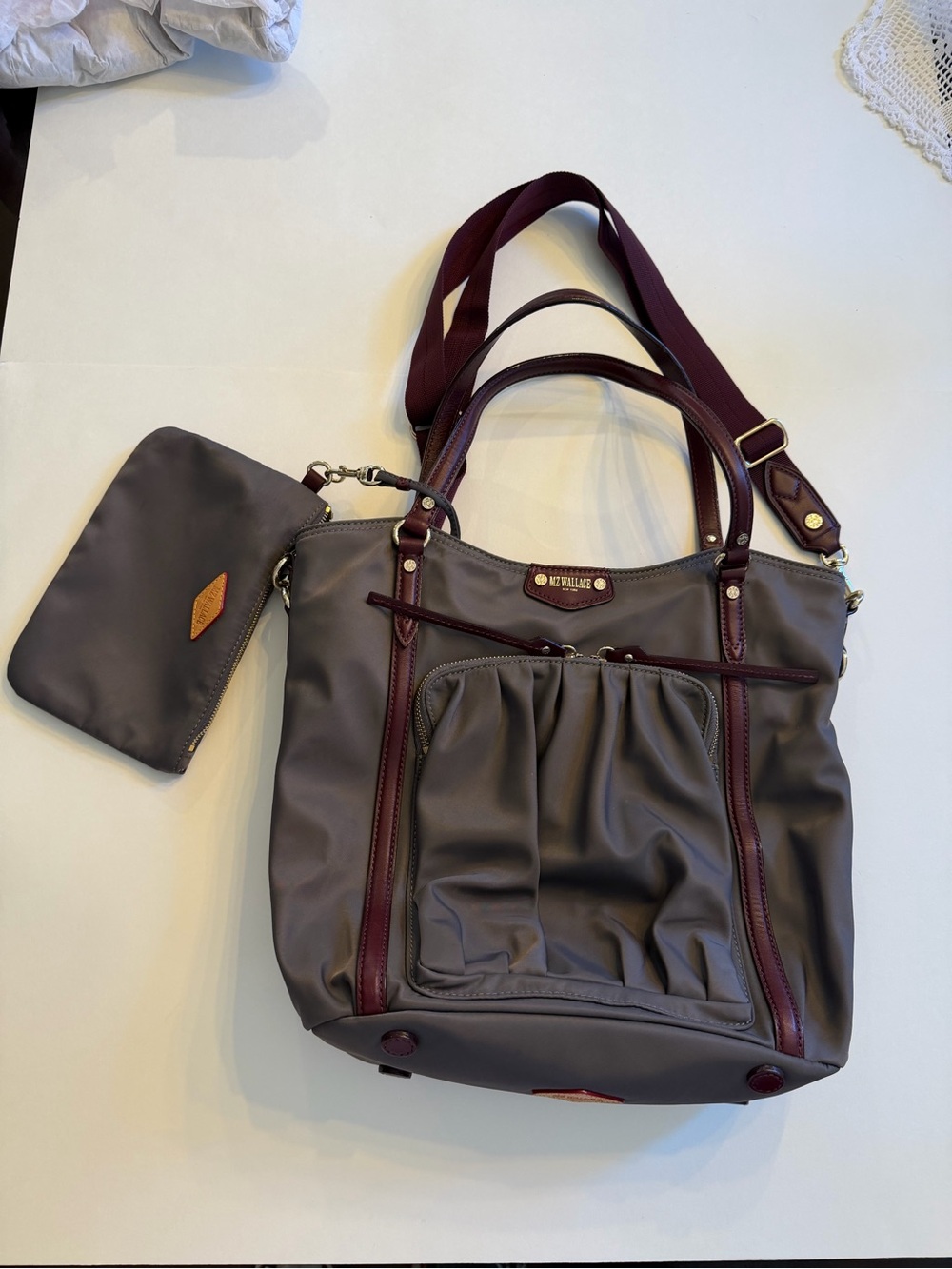 NEW MZ WALLACE BIANCA BEDFORD GRAY BROWN NYLON LEATHER TOTE BAG W/ POUCH